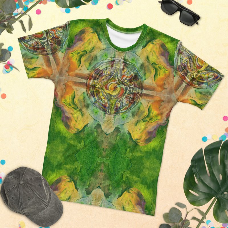 All-over print crew neck t-shirt with illustrated art by Allan Eido